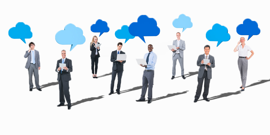 Many business people with blue cloud icons above their heads.